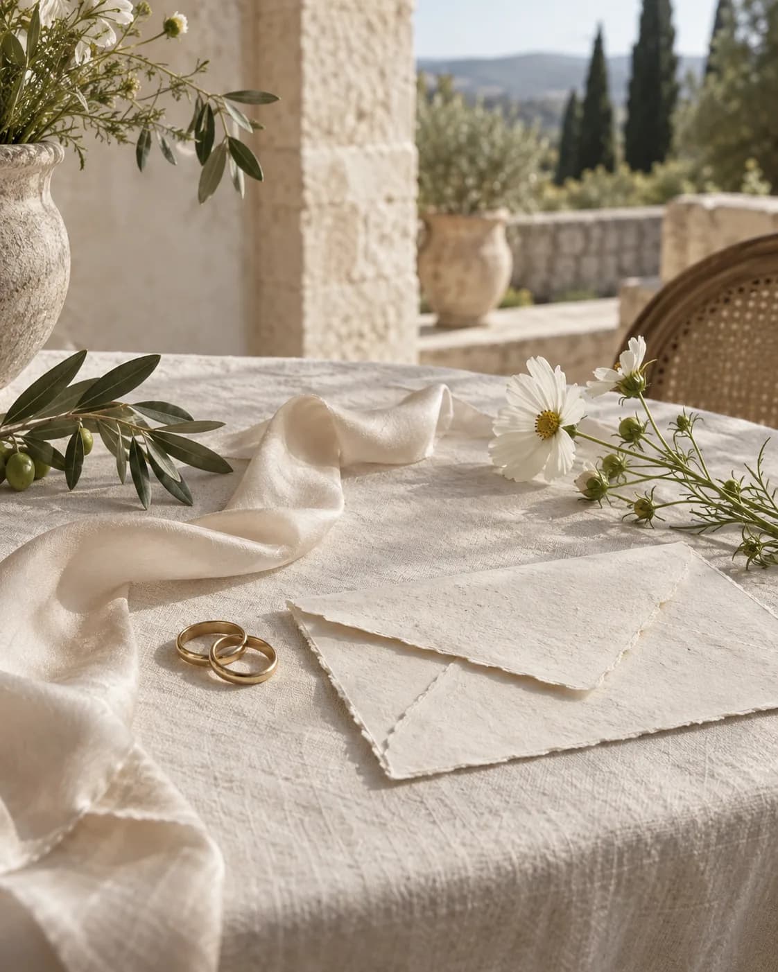 Hochzeitseinladung mit Ringen und Briefpapier in zarten Naturtönen