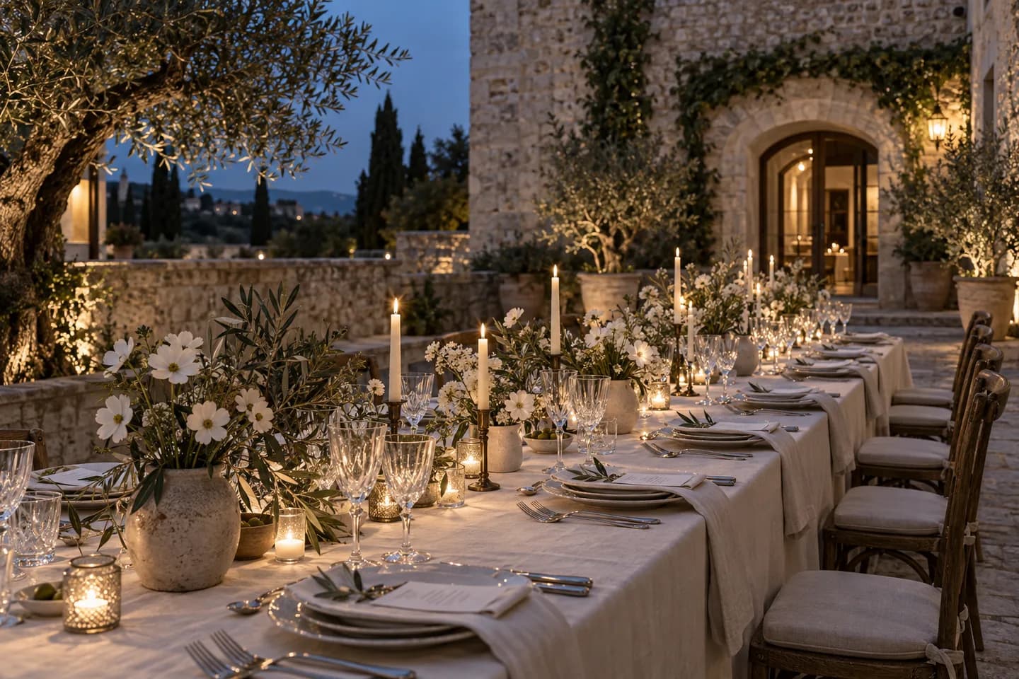 Warm beleuchtete Hochzeitstafel unter Lichterketten im Freien