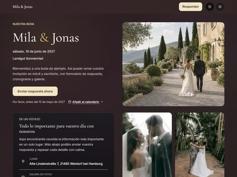 Invitación de ejemplo con la plantilla Midnight Vow